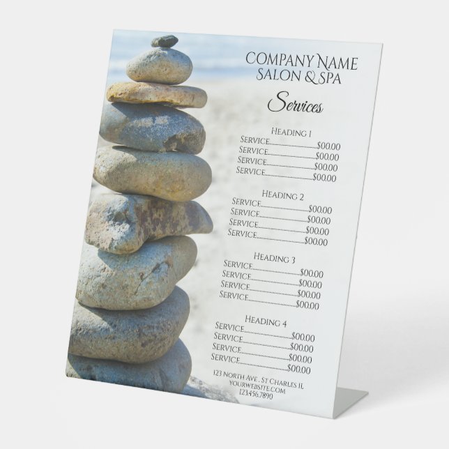 Rock Stack Cairn Spa Salon Services Menu Pedestal Sign (Front)