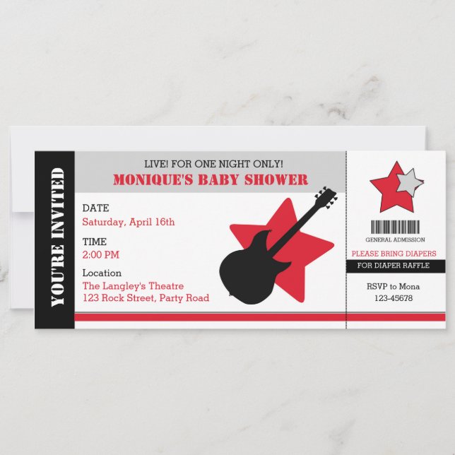 Rock Star Baby Shower Invitation Ticket Style (Front)