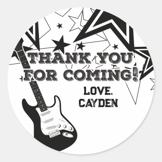 Rock Star Birthday Guitar black and white stars Classic Round Sticker (Front)