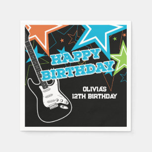 Rock Star Birthday Guitar Stars Blue Orange Napkin