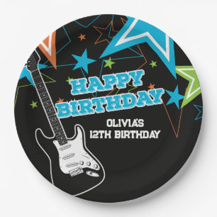 Rock Star Birthday Guitar Stars Blue Orange Paper Plate