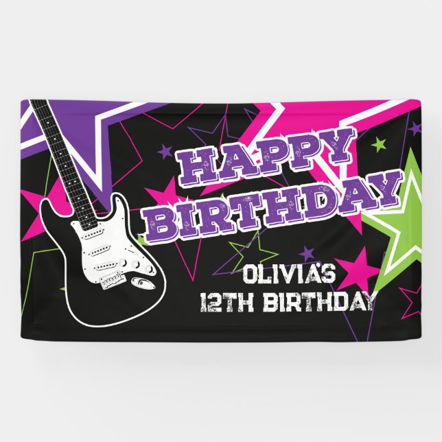 Rock Star Birthday Guitar Stars Pink Purple Banner (Horizontal)
