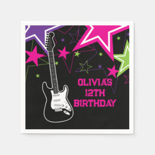 Rock Star Birthday Guitar Stars Pink Purple Napkin