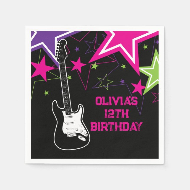 Rock Star Birthday Guitar Stars Pink Purple Napkin (Front)