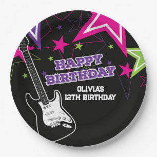 Rock Star Birthday Guitar Stars Pink Purple Paper  Plate