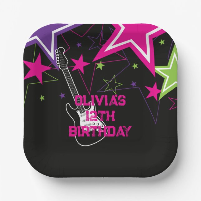 Rock Star Birthday Guitar Stars Pink Purple Paper Plate (Front)