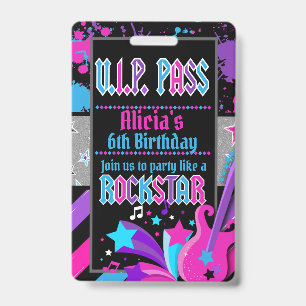 Rock star Birthday Party VIP Pass Invitation Badge ID Badge