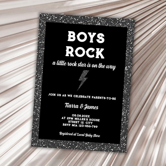 Rock Star Boy Baby Shower Black Rock And Roll Invitation (little rock star rock and roll boy baby shower invitation)