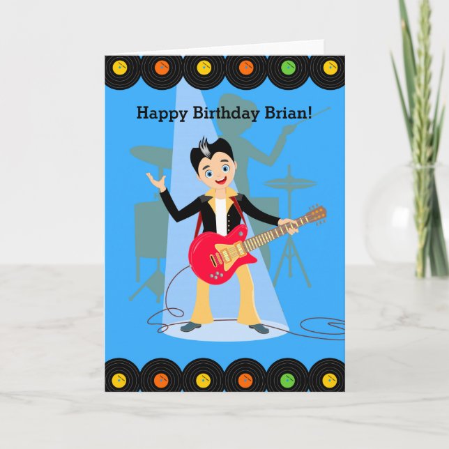 Rock star boy birthday party card (Front)