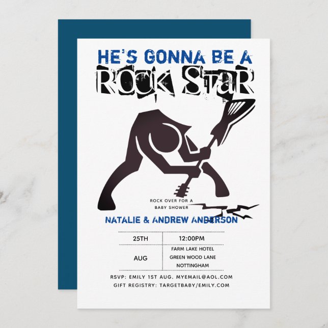 ROCK STAR BOYS Baby Shower Blue Black Break Guitar Invitation (Front/Back)