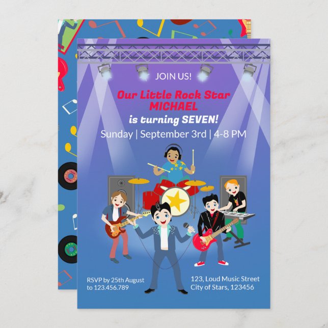 Rock Star Boys Band Birthday Party Invitation (Front/Back)
