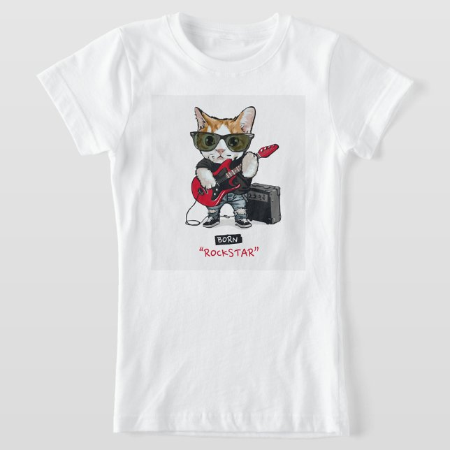 Rock Star Cat T-Shirt (A white t-shirt with a square design in the center, featuring a cat dressed as a rockstar.)