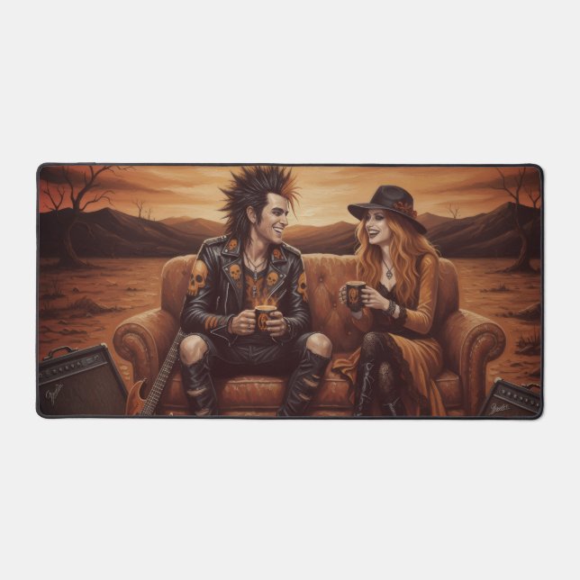 “Rock star Desk Mat – Orange & Black Couple” (Front)
