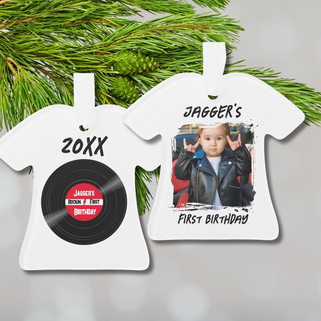 Rock Star First Birthday Record White T-Shirt  Ornament (Custom T-shirt keepsake photo ornament to commemorate a rock and roll first birthday)