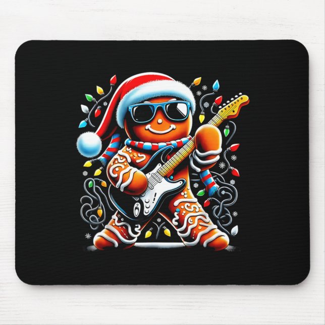 Rock Star Gingerbread Christmas Guitar Lights Men  Mouse Pad (Front)