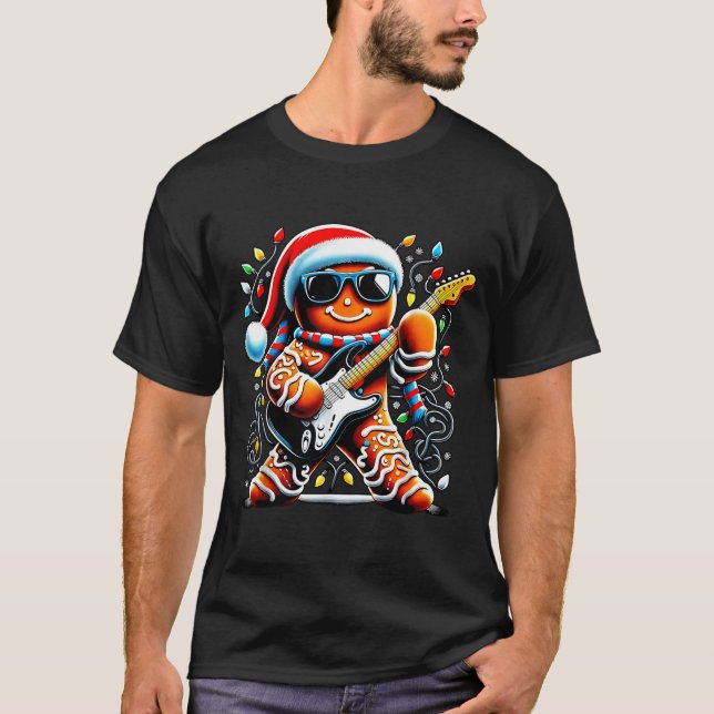 Rock Star Gingerbread Christmas Guitar Lights Men  T-Shirt (Front)