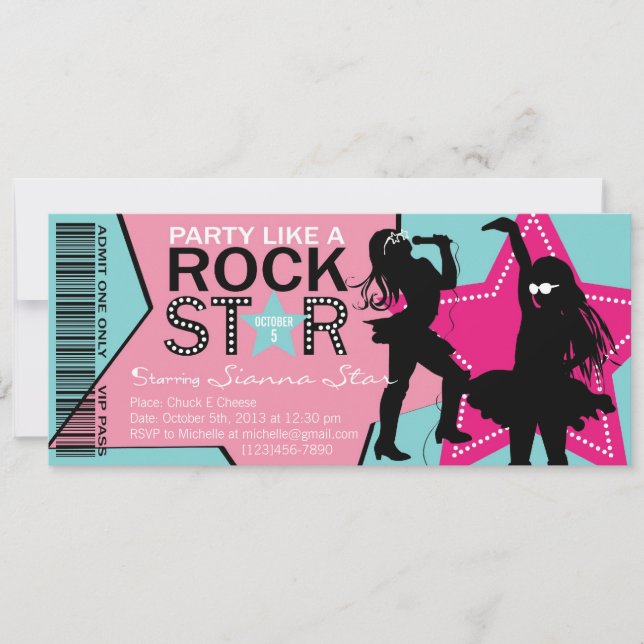 Rock Star Girl Band Birthday Aqua Pink Invitation (Front)