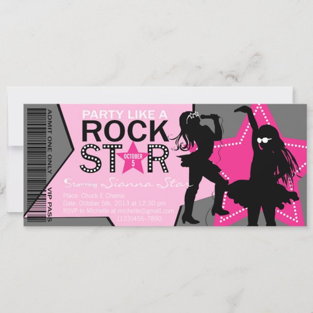 Rock Star Girl Band Birthday Pink Grey Invitation (Front)