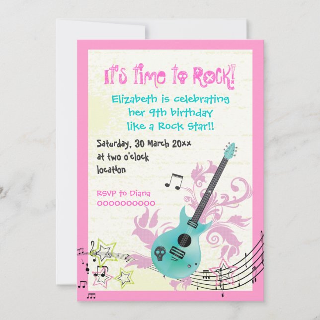 Rock star girly electric guitar birthday invitation (Front)