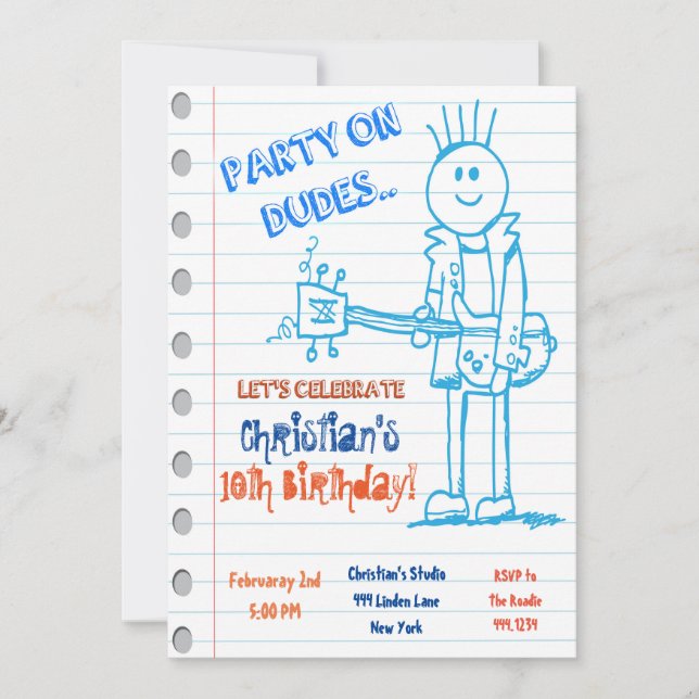 Rock Star Guitar Doodle Birthday Invitation (Front)