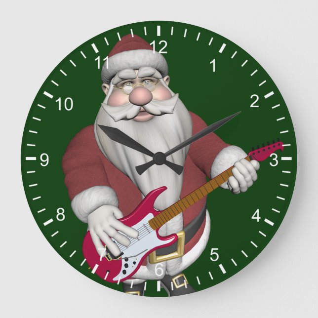 Rock Star Santa With Red Electric Guitar Large Clock (Front)