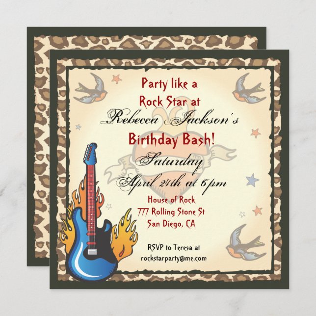 Rock Star Tattoo Invitation (Front/Back)