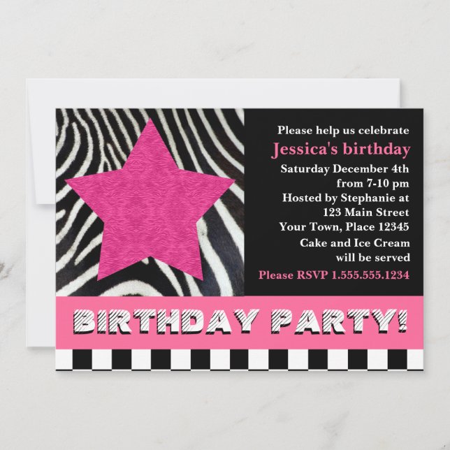 Rock Star Zebra Birthday Party - Pink Invitation (Front)