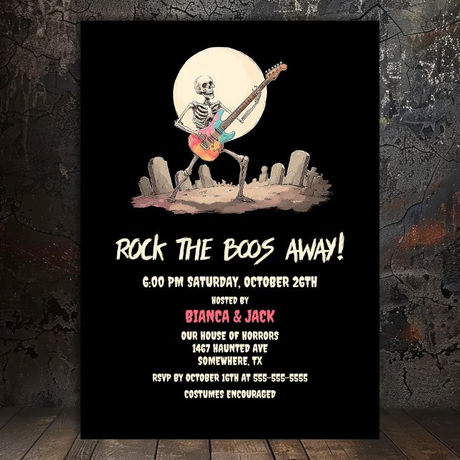 Rock the Boos Away Skeleton Halloween Party Invitation (Creator Uploaded)