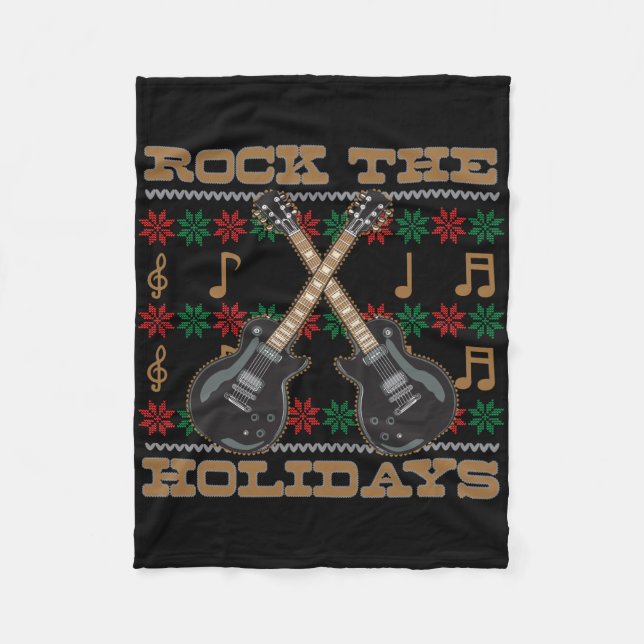 Rock The Holidays Guitar Ugly Christmas Sweater Fleece Blanket (Front)