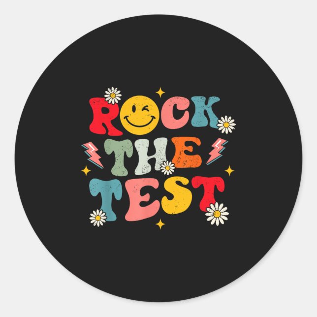Rock The Test Testing Day Retro Motivational Teach Classic Round Sticker (Front)