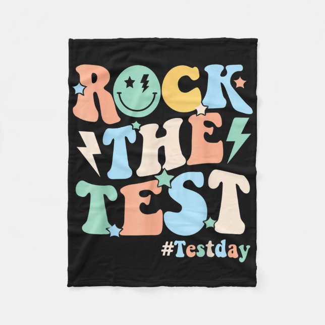 Rock The Test Testing Day Retro Motivational Teach Fleece Blanket (Front)