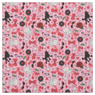 Rockabilly 50s Rocker Poodle Cherries and Roses Fabric