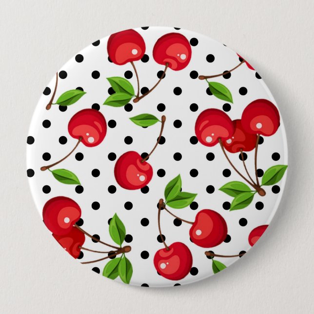 Rockabilly Cherries Polka Dots on White 10 Cm Round Badge (Front)