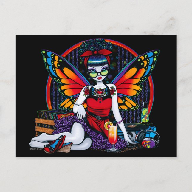 Rockabilly Fairy Retro Record Player Rainbow Postcard (Front)