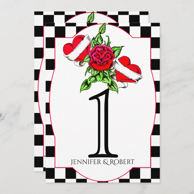 Rockabilly Hearts Rose Wedding Table Number (Front/Back)