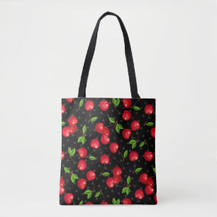 Rockabilly Polka Dots & Cherries on Black Tote Bag