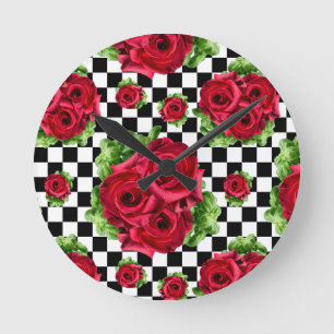 Rockabilly Red Roses Bouquet Floral Love Round Clock
