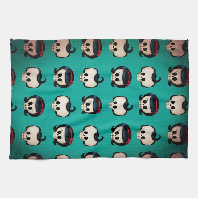 Rockabilly Skulls Pattern Tea Towel (Horizontal)