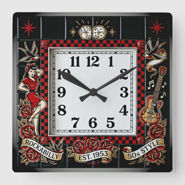 Rockabilly Square Wall Clock (Front)