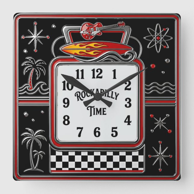 Rockabilly Square Wall Clock (Front)