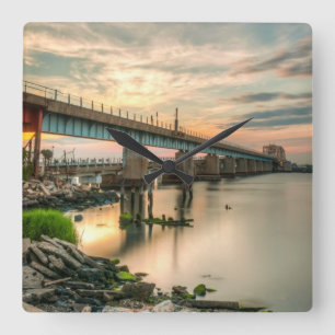 Rockaway Train Bridge Square Wall Clock