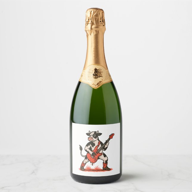 Rocker Cow PNG, Cow Playing Guitar Sparkling Wine Label (Front)