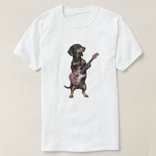 Rocker Dachshund Playing Pink Electric Guitar T-Shirt