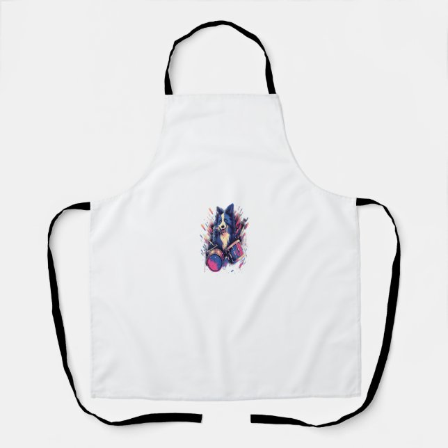 Rocker Drumming Border Collie Dog Drummer Apron (Front)
