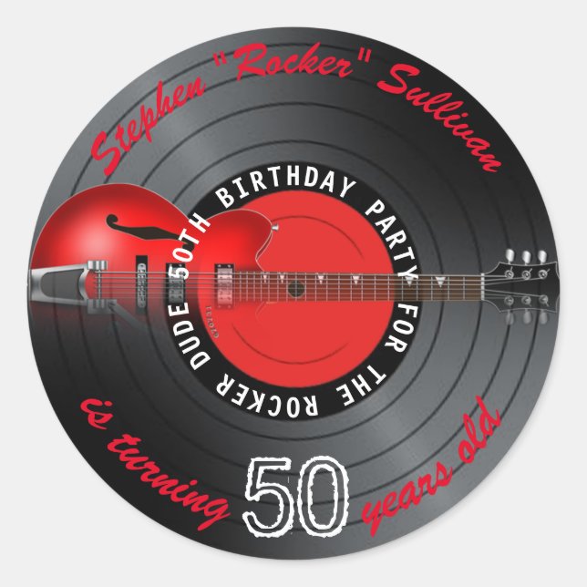 Rocker Dude Guitar Record 50th Birthday Party Classic Round Sticker (Front)