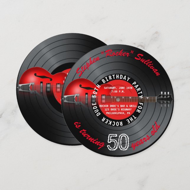 Rocker Dude Guitar Record 50th Birthday Party Invitation (Front/Back)