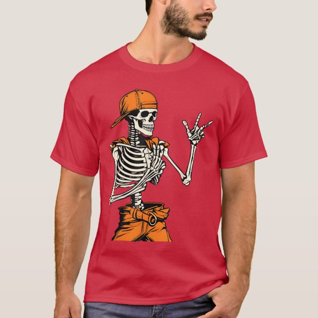 Rocker Skeleton Cap Skater Cool Halloween Punk Roc T-Shirt (Front)