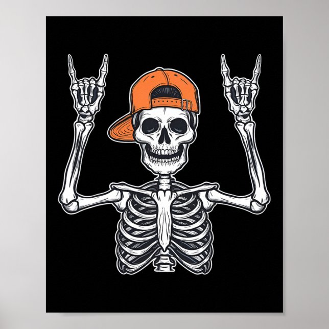 Rocker Skeleton Skater Cap Halloween Rock Men Boys Poster (Front)
