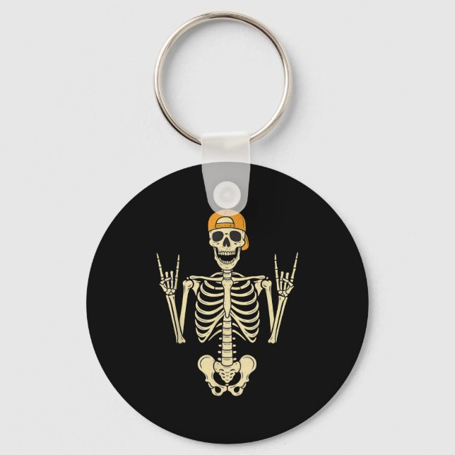 Rocker Skeleton Skater In Cap Halloween Punk Rock  Key Ring (Front)
