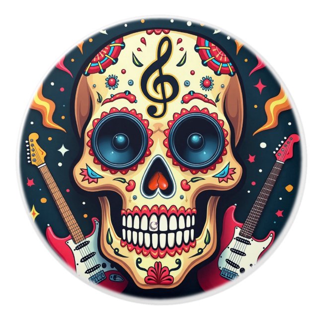 Rocker Sugar Skull Ceramic Knob (Front)